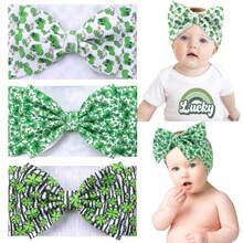 Oaoleer 3PCS Patricks Day Baby Girl Headbands, Shamrock Printed Bows Wide Headbands Handmade Elastic Green Clover Newborn Bows Hairbands For Baby Girls Newborn Infant Toddlers St Patricks Party - Băng Đô 02 - Xem 1