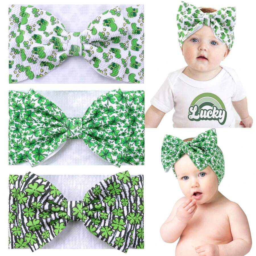 Oaoleer 3PCS Patricks Day Baby Girl Headbands, Shamrock Printed Bows Wide Headbands Handmade Elastic Green Clover Newborn Bows Hairbands For Baby Girls Newborn Infant Toddlers St Patricks Party - Băng Đô 02 - Xem 1