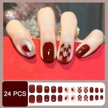 24入組jelly紅色棋盤貼片美甲假指甲,配有閃粉裝飾,適用於女性外出及結婚準備,包含1 件jelly膠水和1件修甲條 - 彩色 - 查看 4