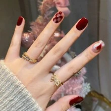 24入組jelly紅色棋盤貼片美甲假指甲,配有閃粉裝飾,適用於女性外出及結婚準備,包含1 件jelly膠水和1件修甲條 - 彩色 - 查看 2