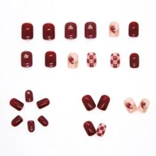 24入組jelly紅色棋盤貼片美甲假指甲,配有閃粉裝飾,適用於女性外出及結婚準備,包含1 件jelly膠水和1件修甲條 - 彩色 - 查看 8