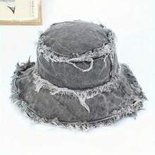 1pc Unisex Distressed Denim Washed Bucket Hat With Frayed Edge, Casual Wide Brim Solid Color Bucket Hat For Streetwear, Sun Protection, Cycling And Bohemian Style