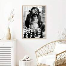 1張帆布海報,現代藝術,猴子下棋,動物海報,客廳、廚房、牆壁裝飾、家飾、壁畫、房間裝飾、房間裝飾,無框 - 黑與白 - 查看 4