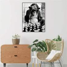 1張帆布海報,現代藝術,猴子下棋,動物海報,客廳、廚房、牆壁裝飾、家飾、壁畫、房間裝飾、房間裝飾,無框 - 黑與白 - 查看 3