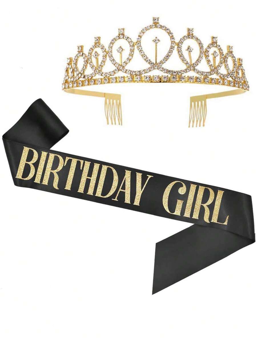 1 件水钻装饰生日派对皇冠和 1 件腰带套装，黑色闪光腰带装饰，适合女孩生日派对、圣诞节 - 黑色 - 查看 1