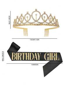 1 件水钻装饰生日派对皇冠和 1 件腰带套装，黑色闪光腰带装饰，适合女孩生日派对、圣诞节 - 黑色 - 查看 4