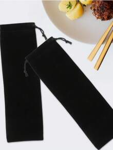 3入組絲絨袋式便攜式旅行棉麻袋,提繩稻草收納袋 - 且可重複使用的叉匙吸管餐具套裝收納盒箱 - 黑色 - 查看 3