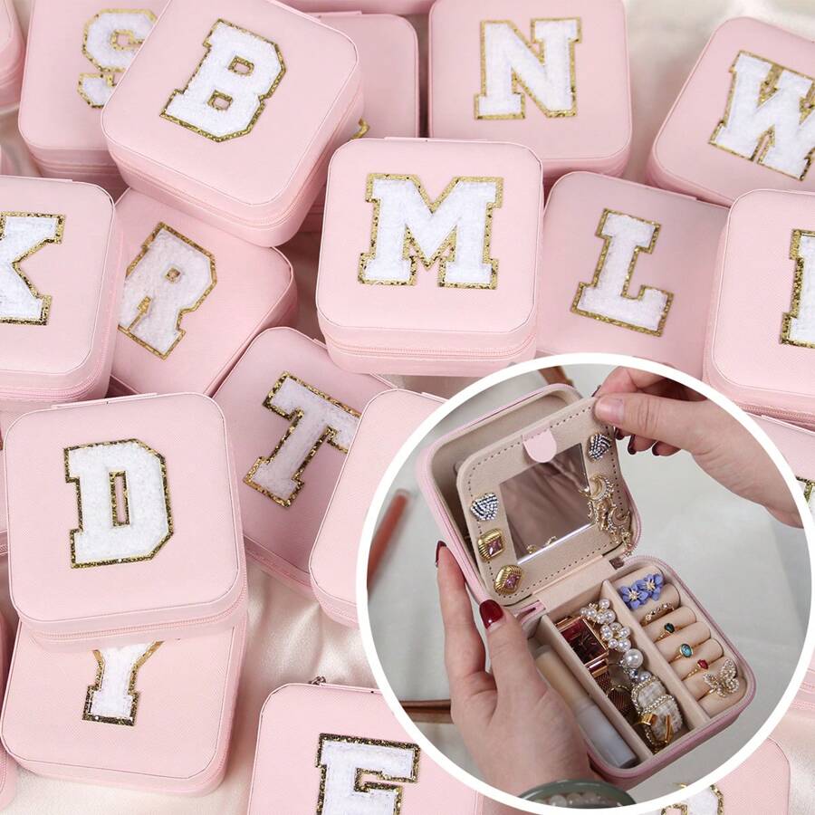 1入時尚個性化旅行珠寶盒，防水且便攜，粉色，帶有初始儲存，生日禮物，母親節禮物，畢業禮物，伴娘禮物 - 粉色 - 查看 1