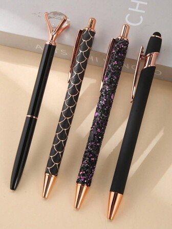 4pcs Black Ink Crystal Rhinestone Ballpoint Pens For News Writing, Cute Christmas Gift Idea For Women, School & Office Appreciation Gift Back To School