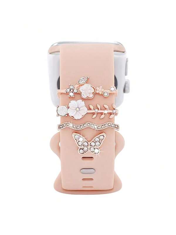 4pcs Watch Band Decorative Rings Plated With Flower & Butterfly Design Compatible With Apple/Samsung/Huawei Watch Bands (Watch And Band Not Included)