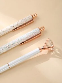 3入組辦公桌用白色圆珠笔套装,金属水晶钻笔座搭配多款式笔,黑色墨水,闪闪发光,是女性,女孩子办公桌的理想组织者和情人节礼物 - 白色 - 查看 4