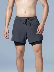 男士新款運動短褲，雙層2合1設計，適合訓練、跑步、健身、休閒，具有防曬功能 - 灰色 - 查看 1