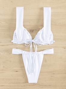 Nuovo costume da bagno sexy in colore unito per donne, con sistema a scomparti separati, design con lacci e bordi increspati, abbigliamento da spiaggia estivo