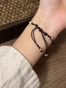 1pc Black New Chinese Style Peach Blossom Elegant Oriental Handmade Adjustable Woven Bracelet, Suitable For Women's Daily Wear