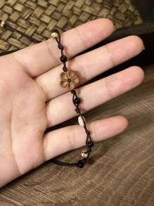 1pc Black New Chinese Style Peach Blossom Elegant Oriental Handmade Adjustable Woven Bracelet, Suitable For Women's Daily Wear