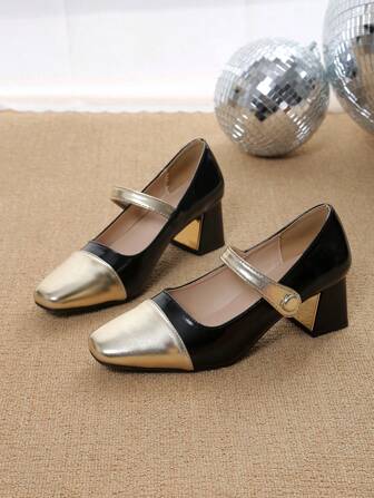 Women's Chunky Heel Mary Jane Shoes With Ankle Strap, Color Block Low Vamp Round Toe Pumps, Spring & Autumn 2024 Fashion New Arrival