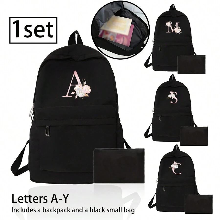 1 Set, A Black Printed Backpack And A Black Small Bag, Makeup Bag, Travel Storage Bag, Solid Color Cosmetics Wallet, Large Capacity Travel Makeup Bag: Very Suitable For Outdoor Beauty! Suitable For Weddings, Birthdays, Beaches, And Holidays, It Is The Best Gift For Family And Friends. This Is A Large Bag, Suitable For Students, Returning To School, And As A Gift For Teachers. It Is A Portable Leisure Storage Handbag, A Multifunctional Shopping Bag With A Novel Design And Large Capacity, Making It An Ideal Choice For Shopping - Black - View 1