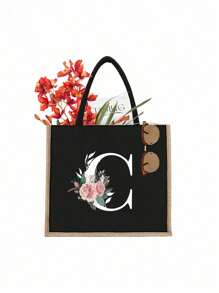 1入字母印花黑色手提包,黃色亞麻邊緣設計簡單大方,情人節禮物,為女性伴娘的個性化婚禮禮品袋,化妝包,旅行簡易收納袋,大容量旅行化妝包:非常適合戶外美容！適合婚禮、生日、沙灘和假期,是女性、母親、教師、朋友和伴娘的絕佳禮物。大包適合學生、返校和教師。它是一個輕便的休閒收納手提包,一個多功能購物袋,一個新設計,大容量,是理想的購物選擇。手提包、午餐袋,適合男女、情侶、日常使用、約會、生日、假期和返校,夏季、度假、海灘、旅行、上下班、商務、學生、野餐、露營、超市、日常收納 - 黑色 - 查看 14