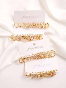 48入組女孩珍珠圓形和心形耳環套裝 - 金黃色 - 查看 6