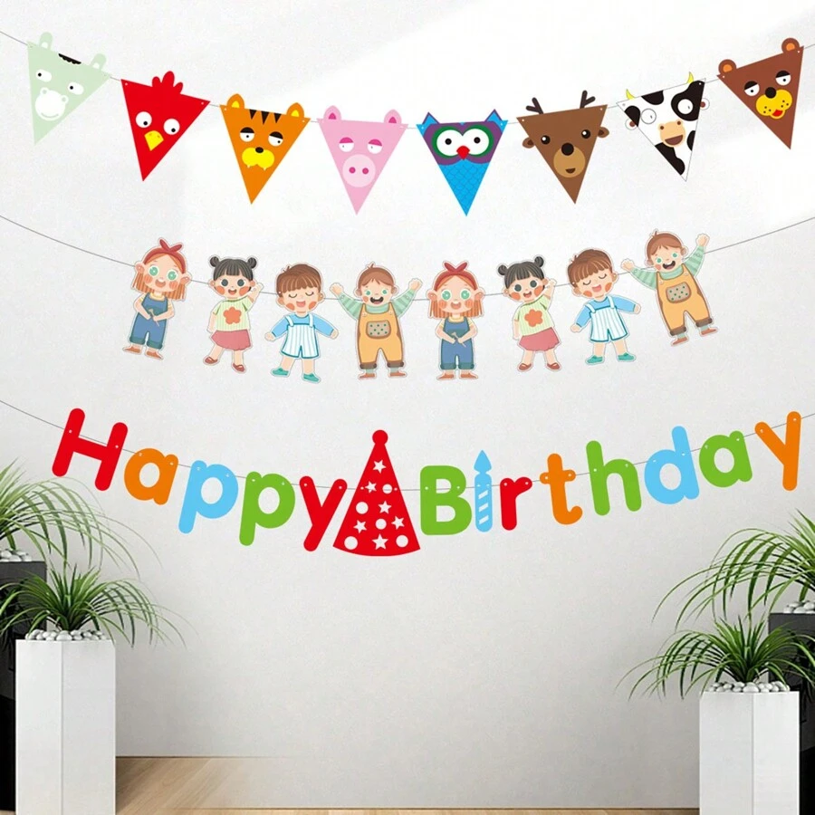 1個裝有卡通動物設計的單面橫額,適用於嬰兒兒童生日派對慶祝場景佈置 - 綠色 - 查看 1