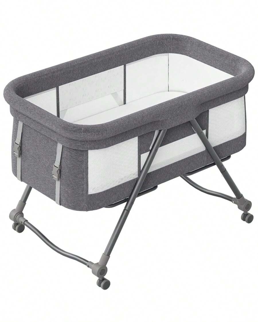 UBRAVOO Grab-And-Go Travel Cot, Baby Crib With Mattress I Silent Wheels, Baby Bedside Crib | Rocking Crib Convertible
