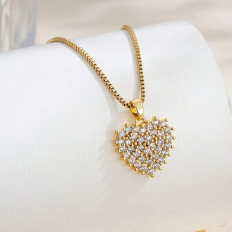 1pc Golden Stainless Steel Gold-Plated Cubic Zirconia Heart Shaped Design Necklace, And Casual Vintage Streetwear For Ladies And Couples For Everyday Wear And Festive Occasions Valentines,Mom,Mother,Mother's Day,Gift