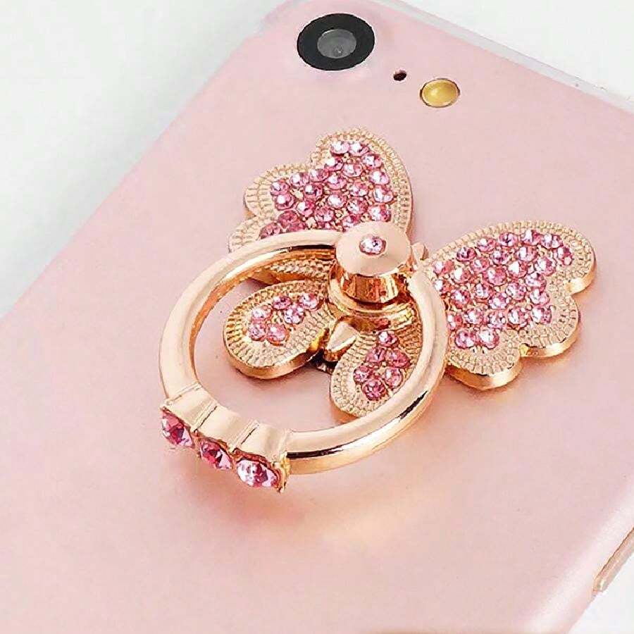 New Arrival Pink Butterfly Shaped Ring Holder With Full Crystal Decoration Compatible With IPhone, Android Phone, Gift For Birthday, Family, Friends Finger Ring Holder, Phone Grip, Phone Accessories - Multicolor - View 1