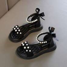 1pair Girls' Comfortable Bow Decorated Princess Party Style Flat Sandals With Tie-Up Design, Open Toe, Suitable For Summer - Black - View 2