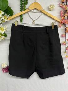 Moda botão zíper simples casual saia curta alfaiataria para mulher - Preto - Visão 2
