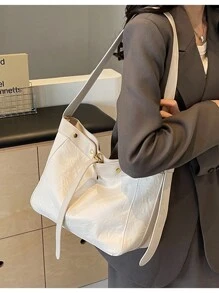 Vintage Fashionable Simple Solid Color Women's Soft Leather Tote Bag With Large Capacity, Ideal For Daily Commute And Shoulder Carry - Beige - View 3