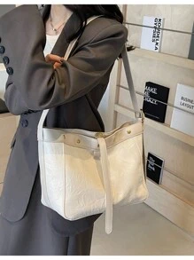 Vintage Fashionable Simple Solid Color Women's Soft Leather Tote Bag With Large Capacity, Ideal For Daily Commute And Shoulder Carry - Beige - View 5