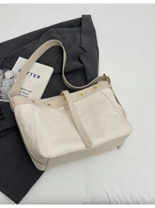 Vintage Fashionable Simple Solid Color Women's Soft Leather Tote Bag With Large Capacity, Ideal For Daily Commute And Shoulder Carry - Beige - View 9
