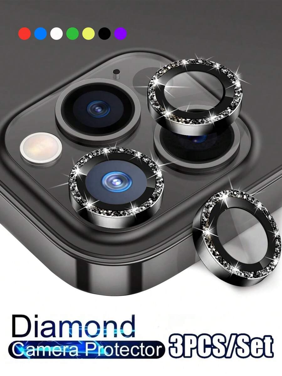 Compatible With Iphone 13 14 11 15 16Pro Max Diamond Metal Camera Protective Film Compatible With Iphone 12 Mini Camera Protective Film 3 Pieces/Set Lens Protective Glass - Black - View 1