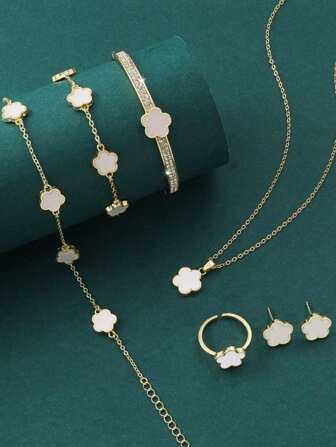 7pcs/Set Simple & Fashionable & Luxurious Five-Petal Flower Shaped Copper Jewelry Set, Including Necklace, Bracelet, Anklet, Earrings, Ring, Zirconia Bangle, For Women, Ideal For Date, Wedding, Graduation Gift Valentines
