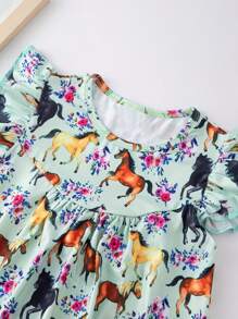 Young Girl Adorable Pony Graphic Flutter Sleeve Dress Summer Clothes Gift