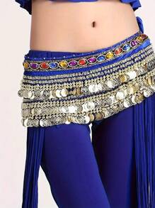 1pc Ladies' Belly Dance Waist Chain, Dance Costume Accessories, Three Layers Velvet Coin Belt, Hip Scarf, Festival And Performance Wear Boho Halloween Summer, School Fall, Autumn, Halloween - Multicolor - View 13