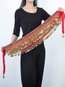 1pc Ladies' Belly Dance Waist Chain, Dance Costume Accessories, Three Layers Velvet Coin Belt, Hip Scarf, Festival And Performance Wear Boho Halloween Summer, School Fall, Autumn, Halloween - Multicolor - View 10