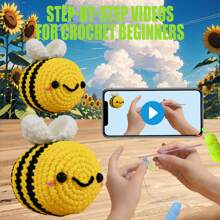 黄色蜜蜂家庭钩针编织套件适合初学者，配有分步视频教程和文字版插图，易于理解和学习如何使用钩针编织动物套件，适合创意节日和生日礼物 - 黃色 - 查看 2