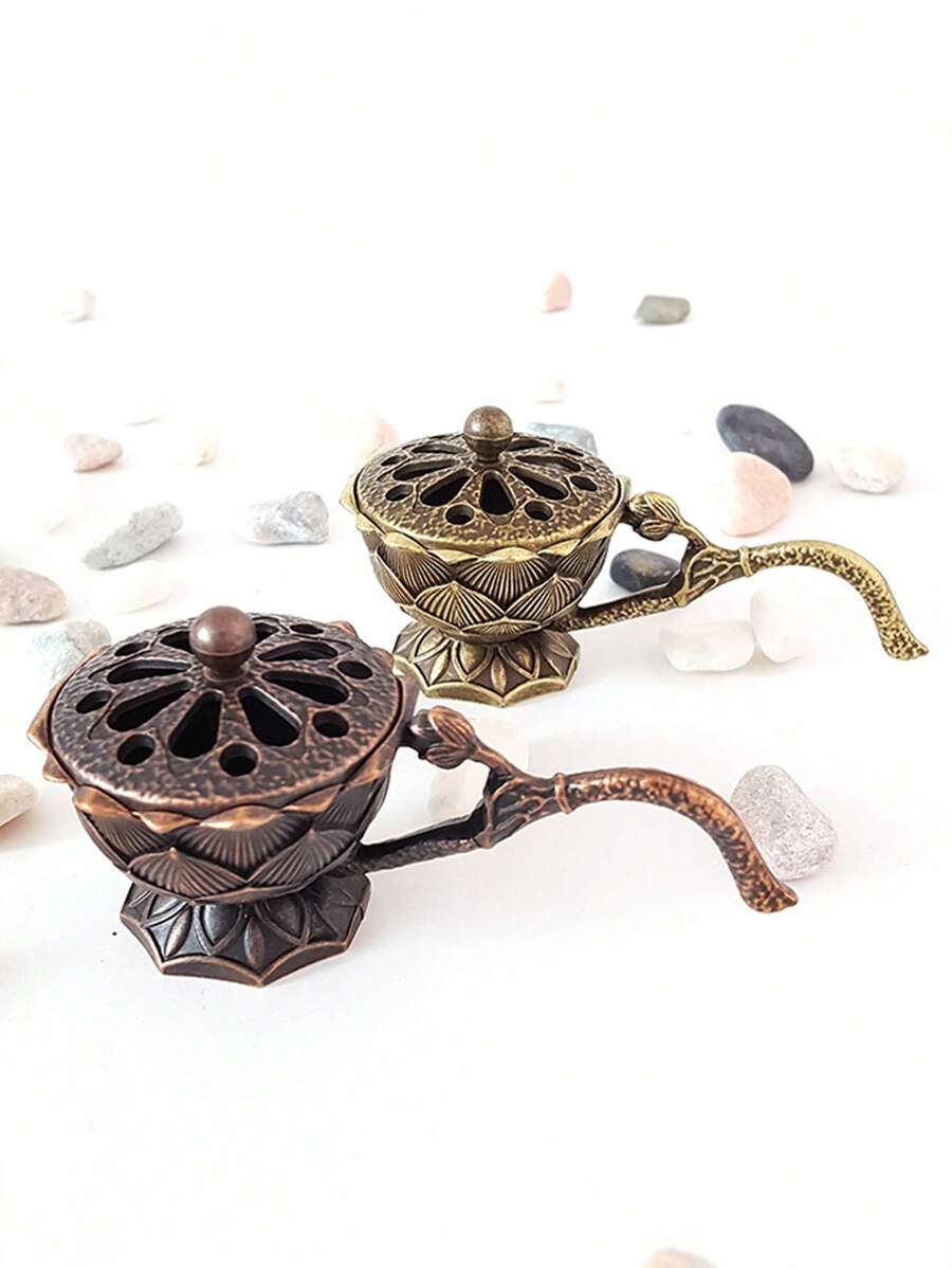 1pc Lotus Shaped Metal Incense Burner With Handle & Incense Holder - Bronze - View 1