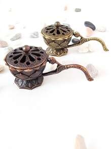 1pc Lotus Shaped Metal Incense Burner With Handle & Incense Holder - Bronze - View 5