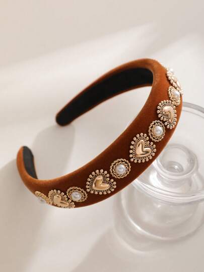 شريط رأس مخملي مزين بقلب من اللؤلؤ الاصطناعي، اكسسوارات شعر للنساء في عيد الحب، شريط شعر، حلقة شعر