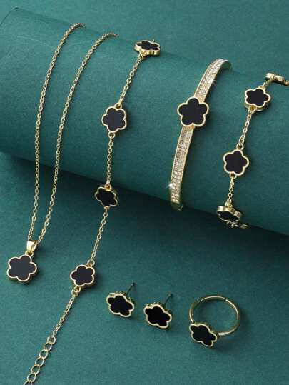 7 pièces/Set simple, élégant et luxueux ensemble de bijoux en cuivre à cinq pétales, comprenant un collier, un bracelet, une cheville, des boucles d'oreilles, une bague et un bracelet à charnière en zirconium. Convient pour les rendez-vous, les mariages, les cadeaux de remise des diplômes, la Saint-Valentin, la mère, la fête des mères