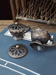 1pc Lotus Shaped Metal Incense Burner With Handle & Incense Holder - Bronze - View 6