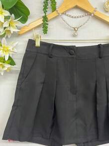 Moda botão zíper simples casual saia curta alfaiataria para mulher - Preto - Visão 4