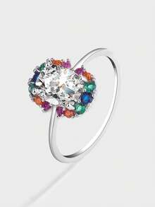 Elegant 925 Sterling Silver Colorful Gemstone Square Shaped Cubic Zirconia Women's Ring