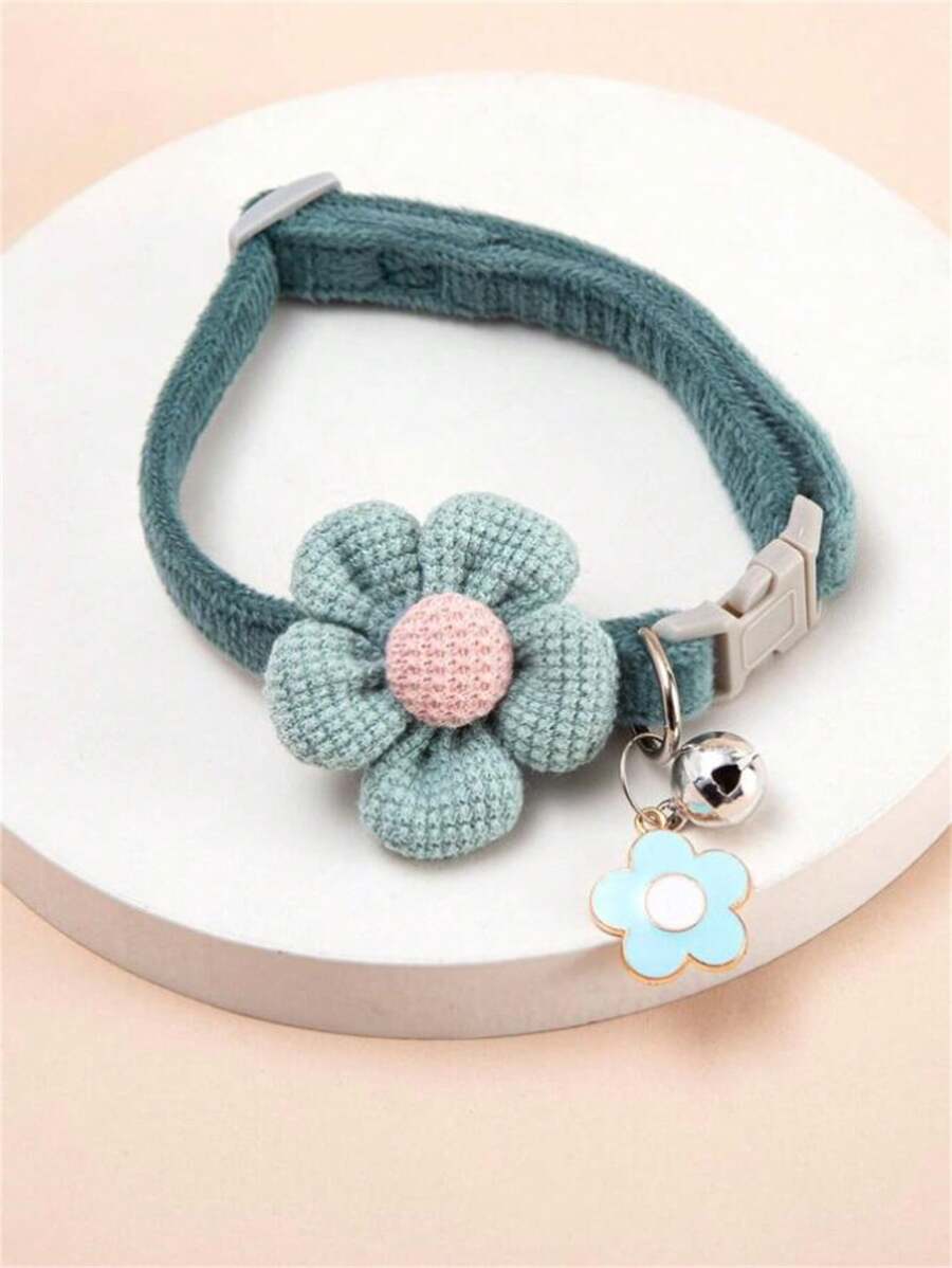 1pc Flower Decorated Pet Collar With Pendant, Suitable For Small Cats/Dogs, Decoration And Traction(Neck Circumference 20-31 Cm) - Dark Green - View 1