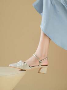 Women's Pearl Decor Closed Toe Chunky Heels Sandals, Spring/Summer 2025 New Fashion Round Toe Slip-On Mules Pointed Toe Mid Heels - Apricot - View 6