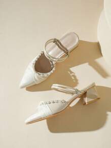 Women's Pearl Decor Closed Toe Chunky Heels Sandals, Spring/Summer 2025 New Fashion Round Toe Slip-On Mules Pointed Toe Mid Heels - Apricot - View 1