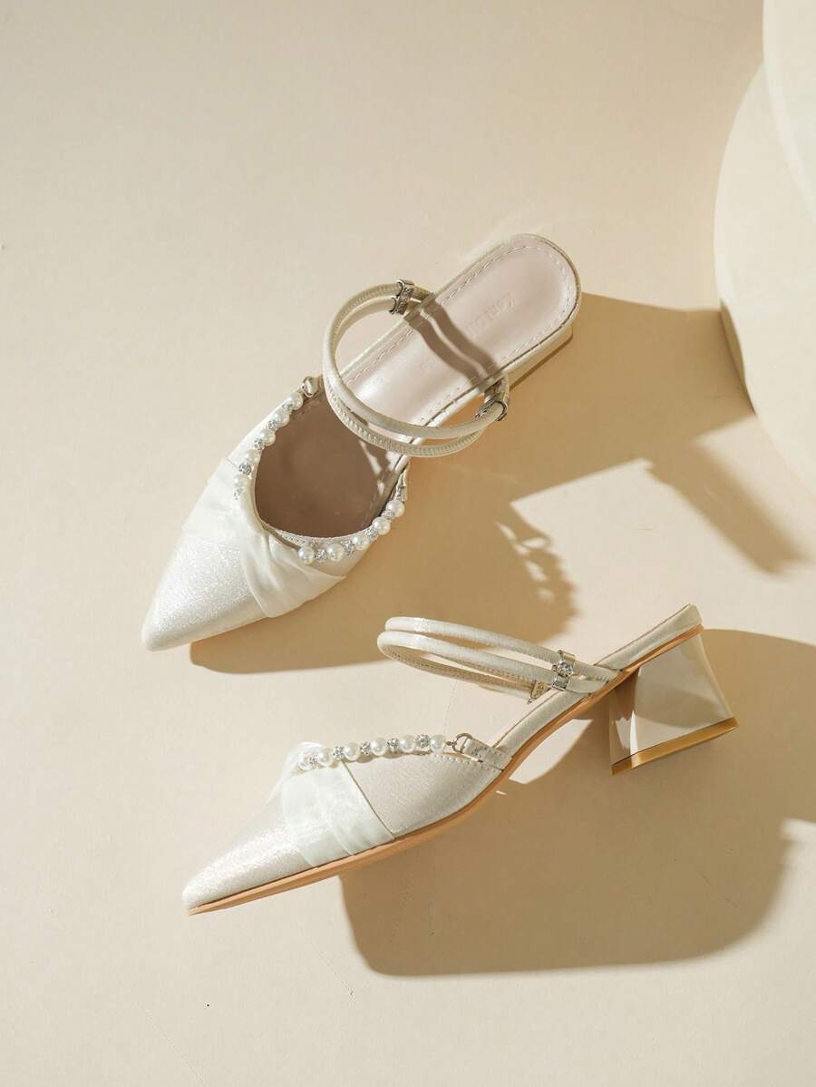 Women's Pearl Decor Closed Toe Chunky Heels Sandals, Spring/Summer 2025 New Fashion Round Toe Slip-On Mules Pointed Toe Mid Heels - Apricot - View 1