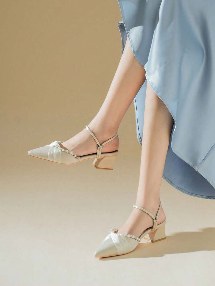 Women's Pearl Decor Closed Toe Chunky Heels Sandals, Spring/Summer 2025 New Fashion Round Toe Slip-On Mules Pointed Toe Mid Heels - Apricot - View 7